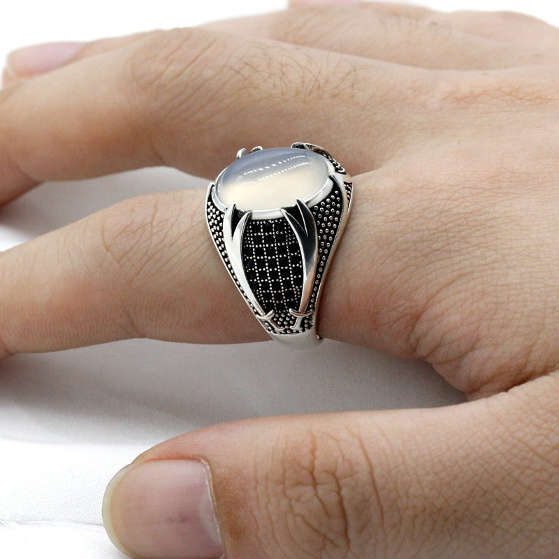 Womens Geometric Alloy Ring With Opal Inlay Electroplated Ancient Silver Finish European American Style Jewels