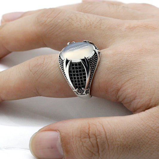 Womens Geometric Alloy Ring With Opal Inlay Electroplated Ancient Silver Finish European American Style Jewels