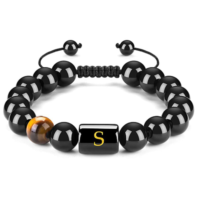Mens Natural Black Agate 10mm Beads Handmade Initial Letter Bracelet Personalized Gift for Men Letter A Shape Letter