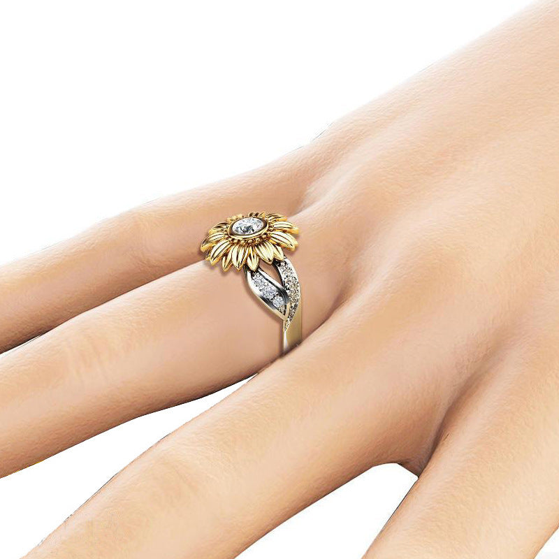 Gold Plated Sunflower Couple Ring For Women With Gems