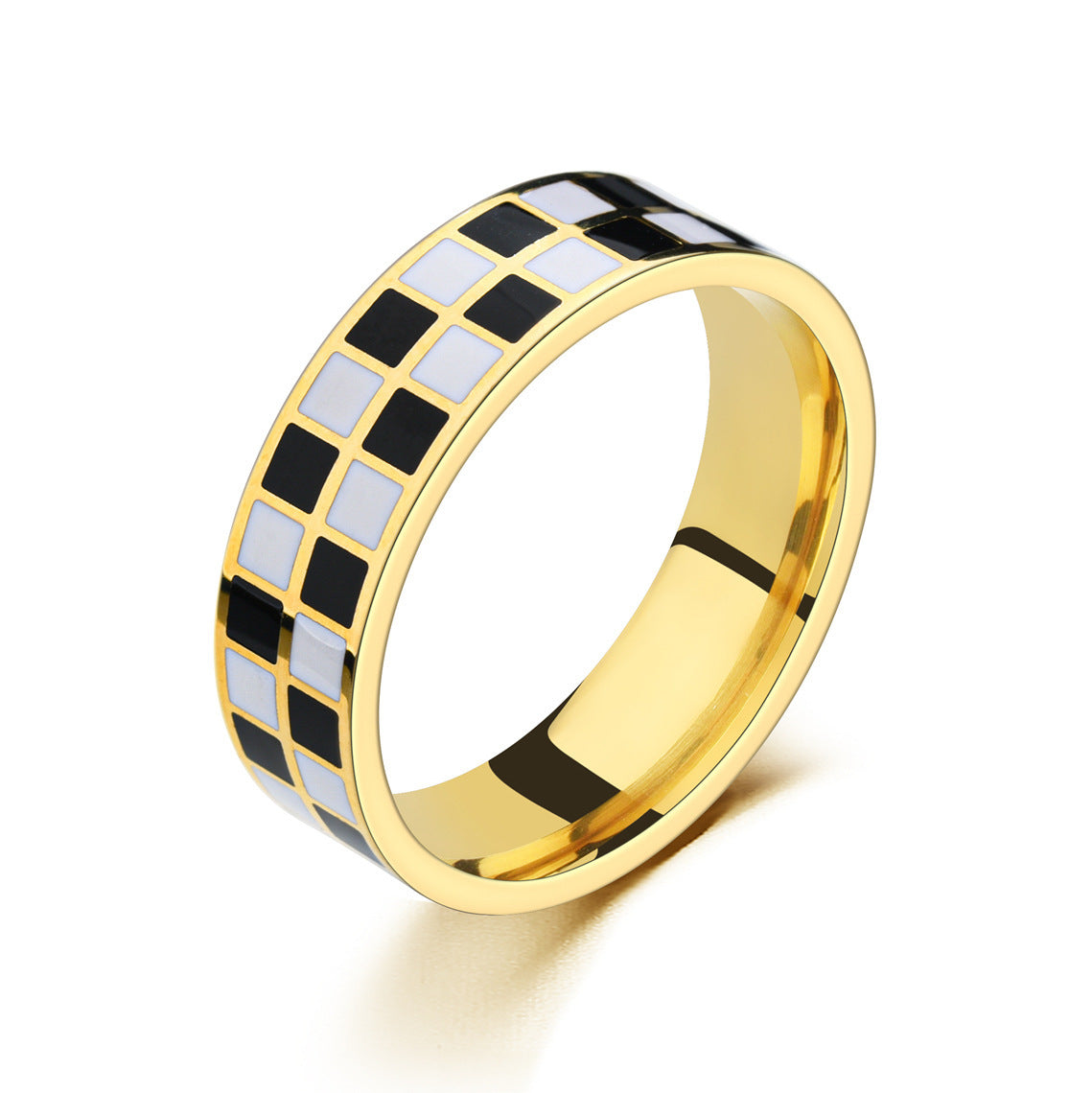 Mens Stainless Steel Checkered Ring Black White Geometric Pattern Fashion Accessory Durable Modern Jewelry Gem