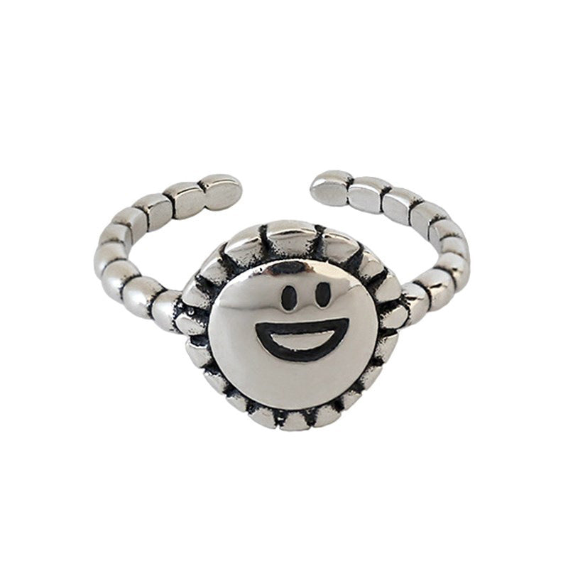 Womens Vintage Copper Ring Adjustable Open Index Finger Ring Smile Sunflower Geometric Intricate Electroplated