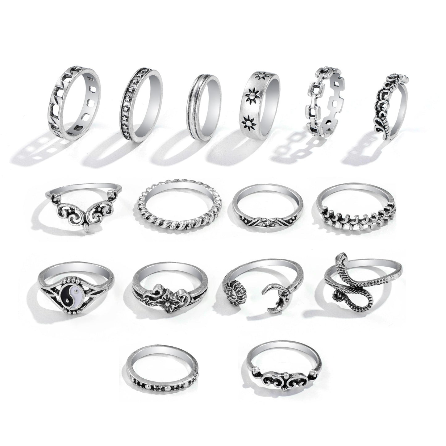 Women Ring Set 16 Piece Alloy Ring With Elephant Embossed Design Retro Trendy Hollow Snake Taichi Moon Knuckle