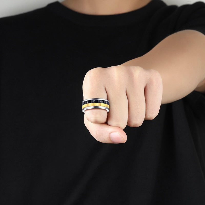Digital Rotating Titanium Steel Mens Ring Color Silver Electroplated Geometric Style US Sizes 7 8 9 10 11 Ring