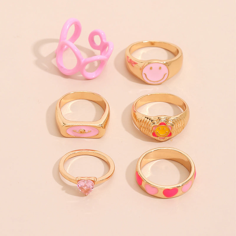 Womens Korean Geometric Ring Set With Smiley Face And Heart Design Zinc Alloy Fashion Jewelry Gift For Her Now