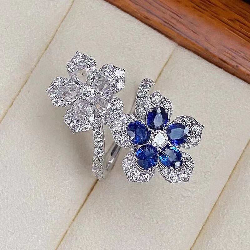 Copper Ring For Women With Colorful Sapphire Double Flower Design Fashion Jewelry Natural Look Elegant Accents