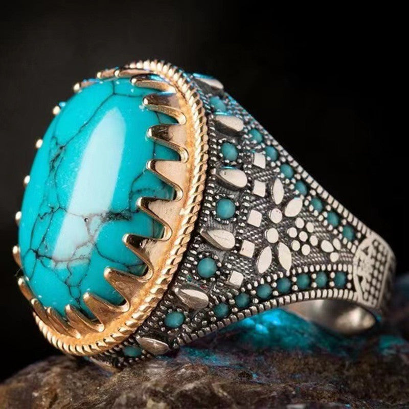 Mens Geometric Ring Electroplated Two Tone Metal Alloy Ring Inlaid Turquoise Stone Trendy Accessory Fashionable