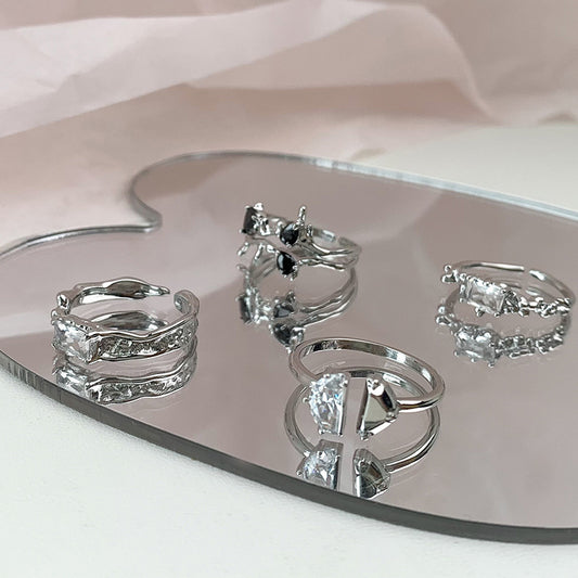 Copper Ring Set Geometric Zircon Inlaid Design Elegant Womens Rings for Women Jewelry Fashion Accessories Gift