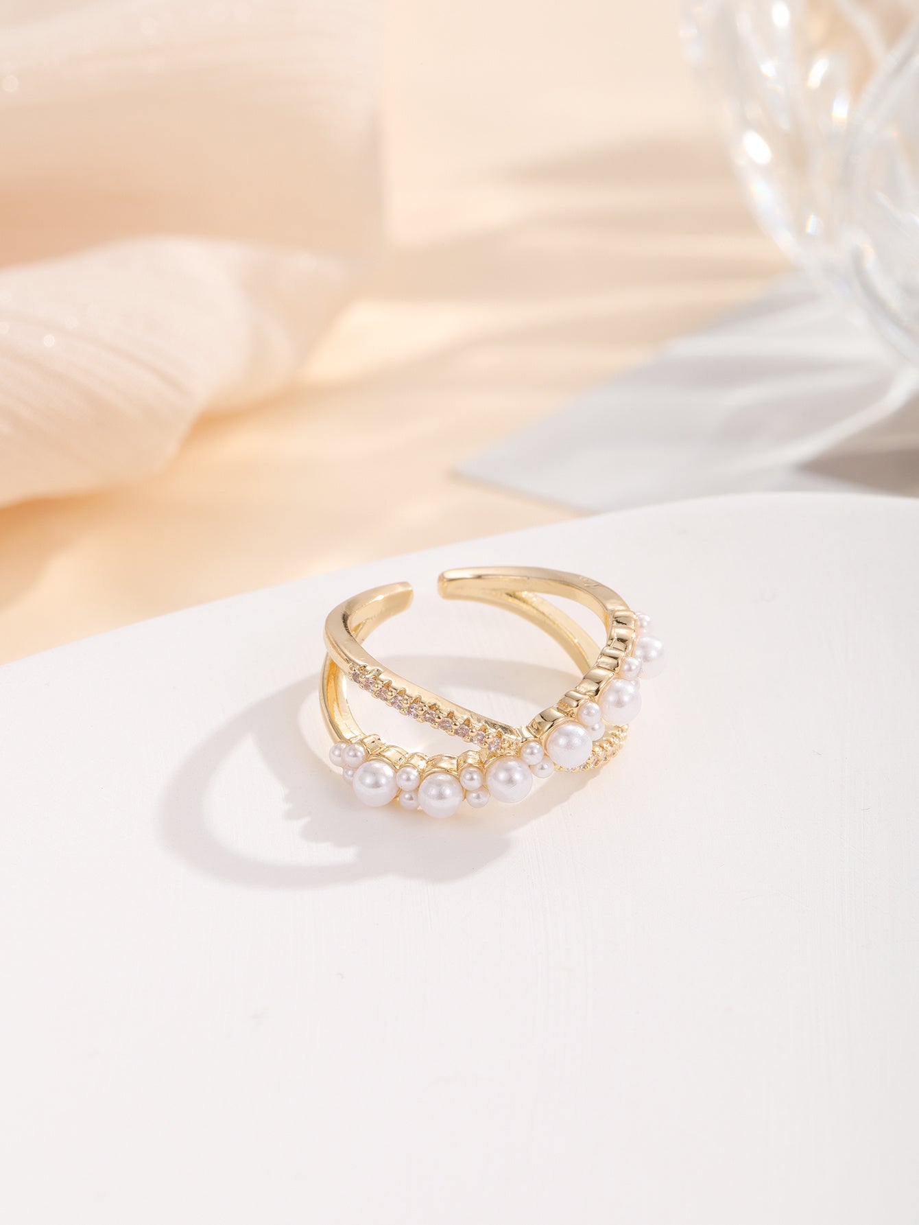 Womens Pearl Zircon Ring Geometric Copper Gold Plated