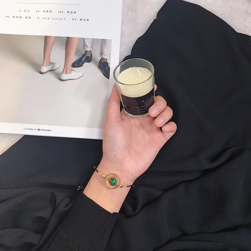 Women Gold Plated Bracelet Geometric Overlapping Circle Design with Peacock Green Grey Blue Sphere Stones Gems