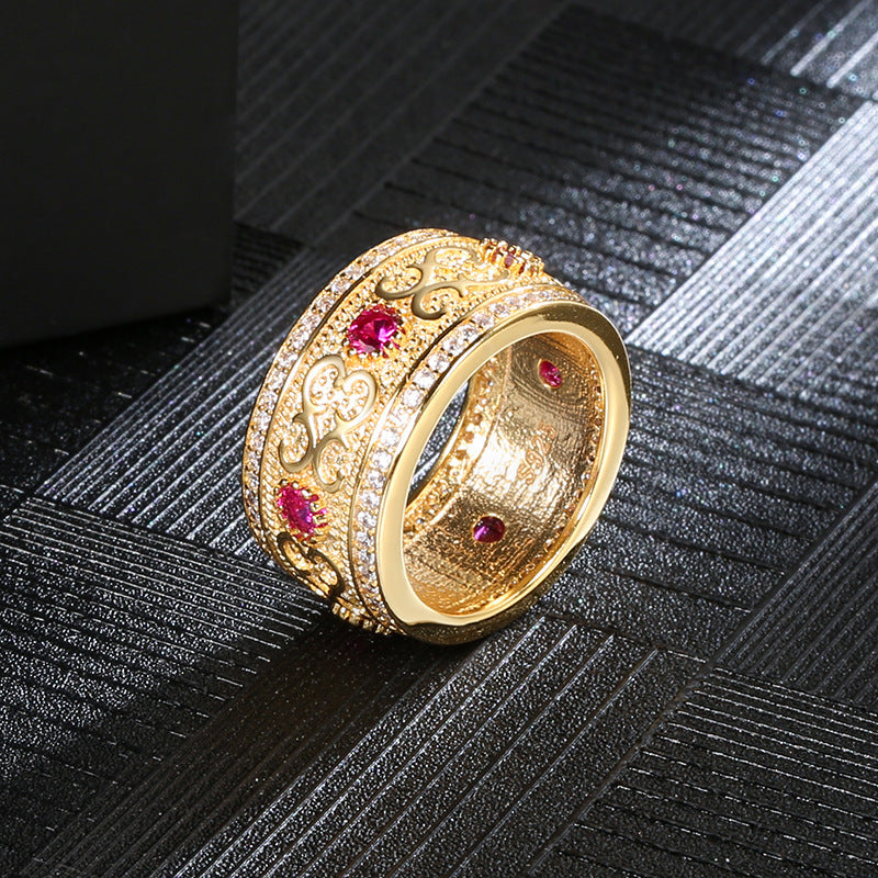 Womens Copper Ring With Gold Plated Inlay Artificial Diamond And Ruby Geometric Travel Souvenir Gift European Ring