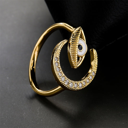 Copper Plated Gold Zircon Ring Moon Design Adjustable Open End Elegant Statement Jewelry Gift For Elegant Look