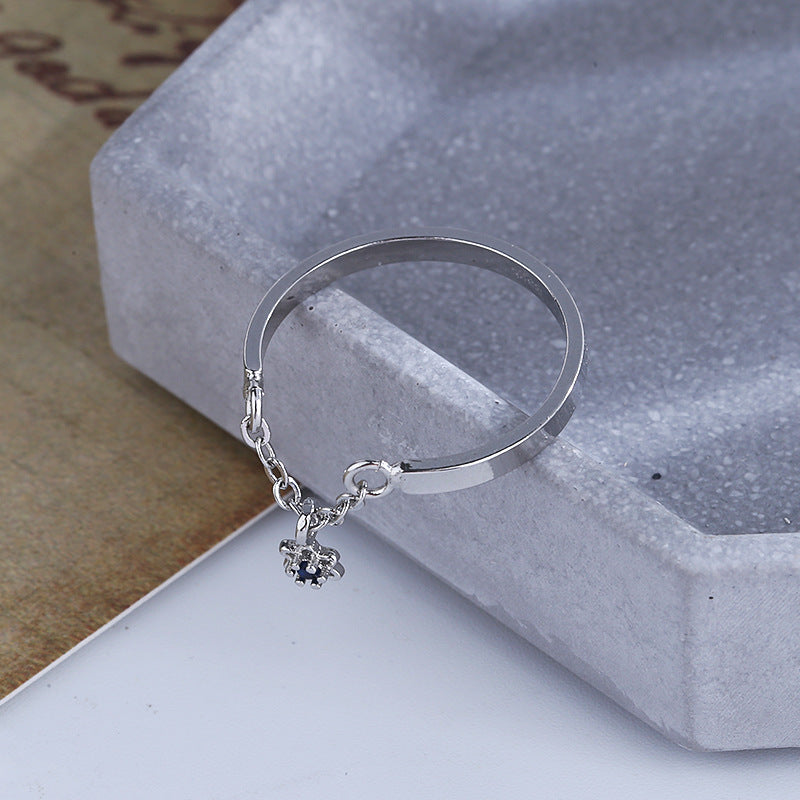 Star Zircon Inlaid Copper Ring with Tassel and Blue Accent Korean Fashion Jewelry Gift for Women Elegant Style