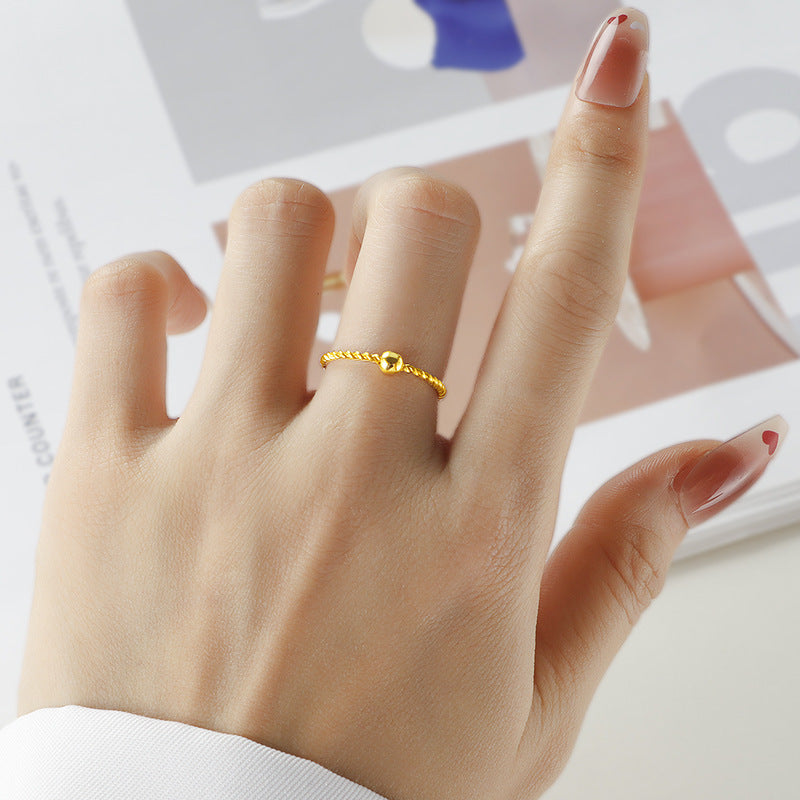 Womens Golden Twist Ring Stainless Steel Trendy Fashion Jewelry Gift Round Beads Band Ring For Her Style Trend