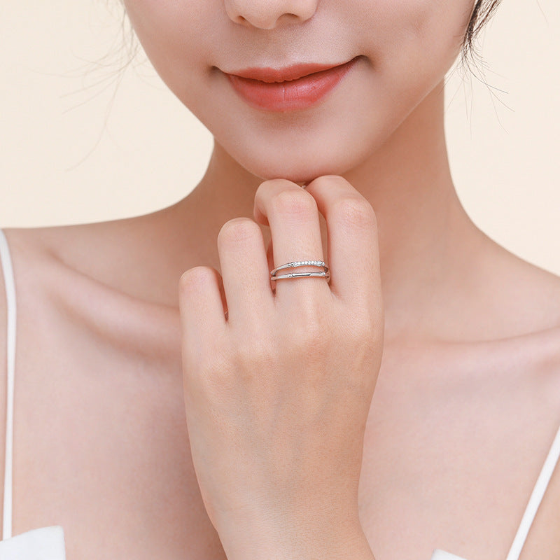 Sterling Silver Ring With Micro Diamonds Geometric Design Modern Korean Style Fashion Jewelry For Women Elegant Wear