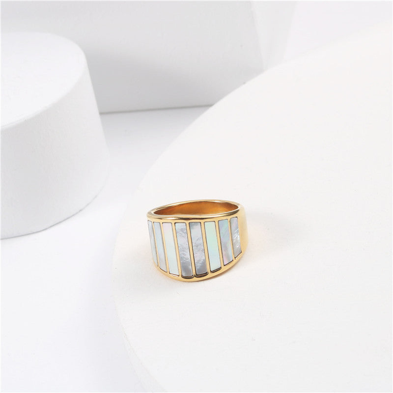 Womens Natural Abalone Shell Ring Titanium Steel Electroplated Simple Design WhiteShellRing FashionJewelry Gift