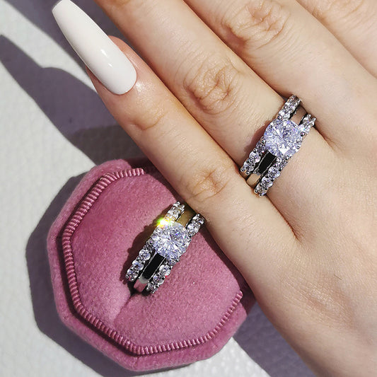 Unisex Copper And White Zircon Round Diamond Ring With Geometric Design And Electroplated Finish Everyday Wear Ready