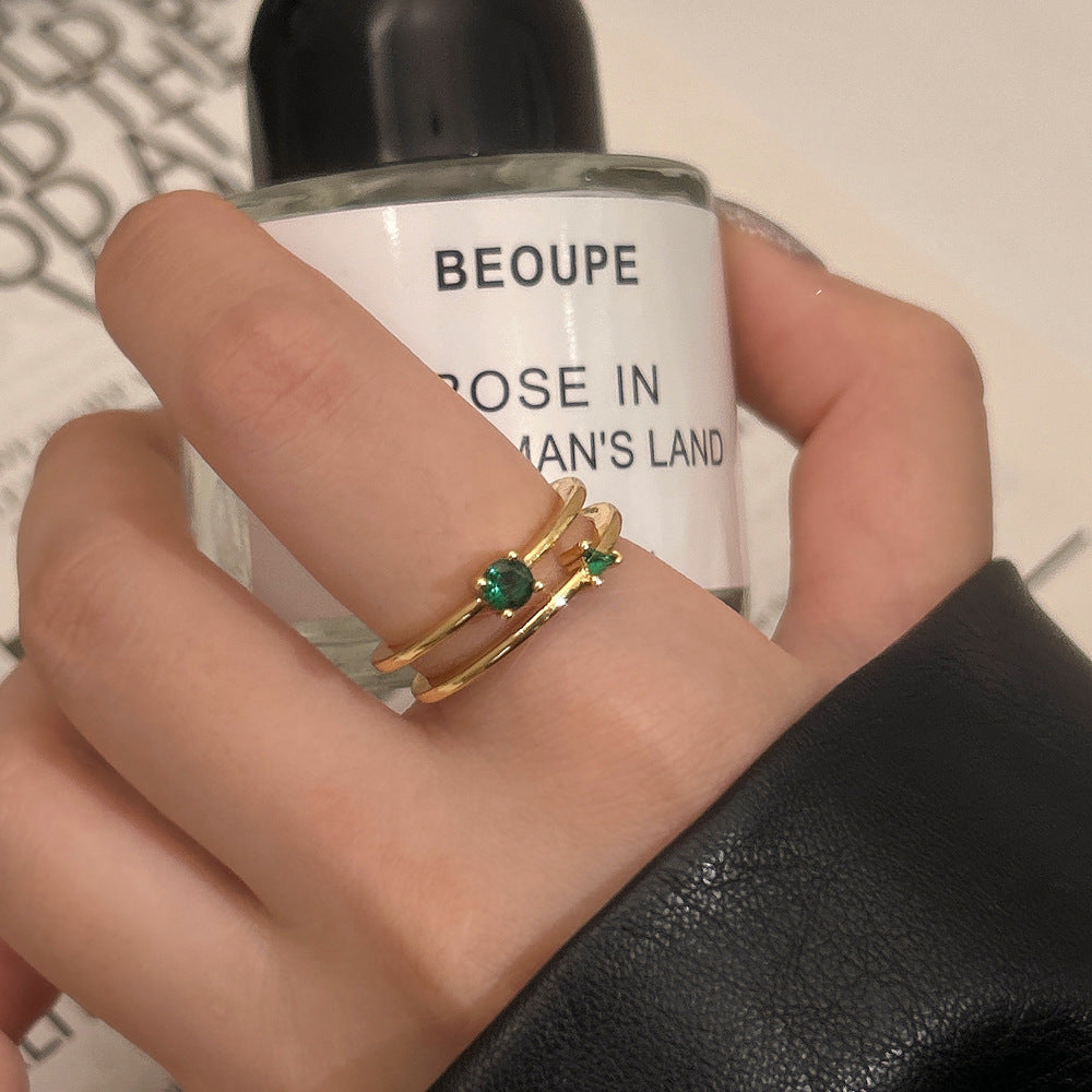 Womens Green Diamond Studded Adjustable Open Ring Copper Electroplated Geometric Jewelry Gift For Her Classics