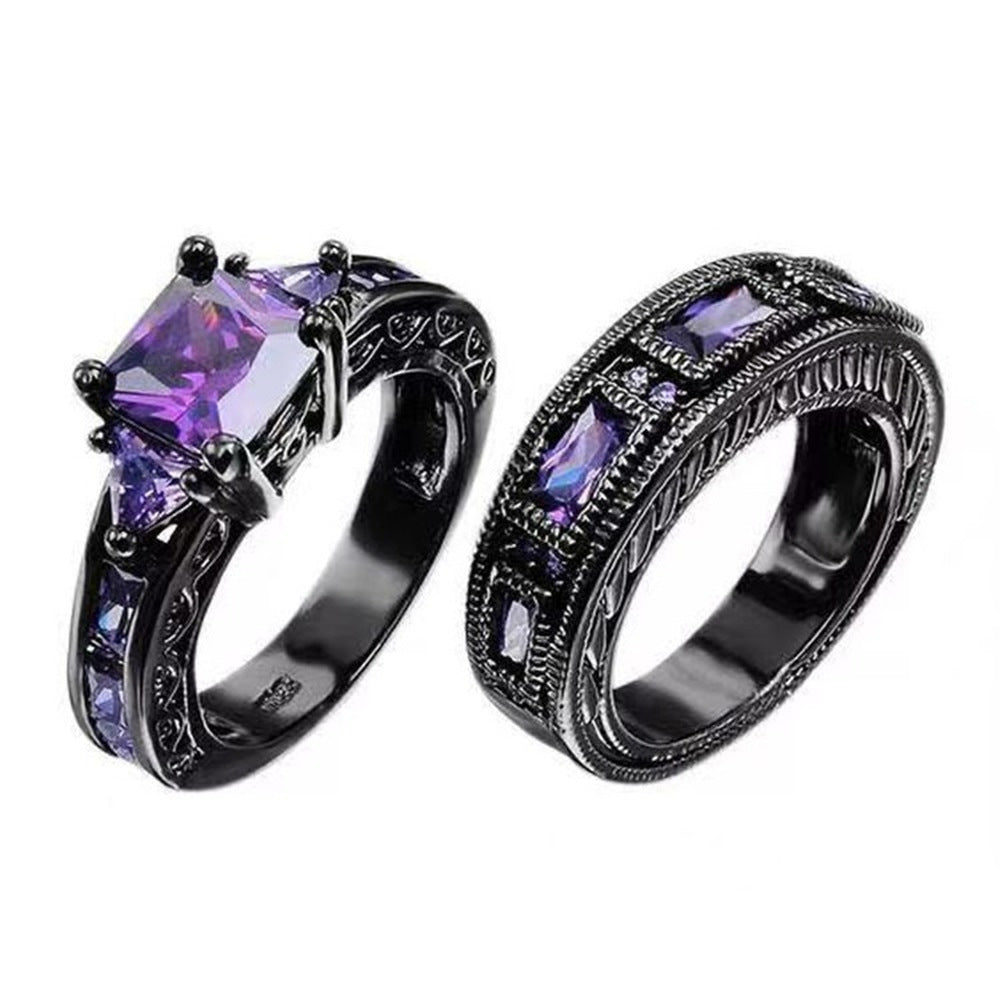 Womens Heart Shaped Alloy Ring Set Electroplated Black Gold Finish With Purple Zircon Stone Fashion Jewelry