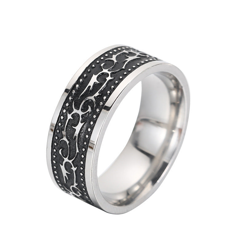 Mens Stainless Steel Ring Geometric Auspicious Patterns Retro Design Durable Daily Wear Party Jewelry Statement