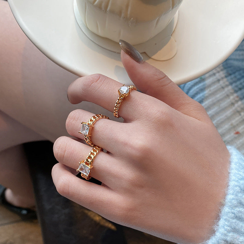 Womens Adjustable Copper Ring With European Gold Chain Baguette Design Braided Round Stone Square Gem Ring Set