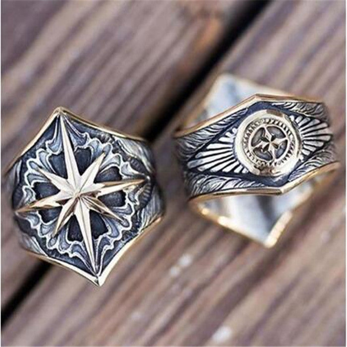 Mens Vintage Two Tone Ring With Geometric Pattern Alloy Electroplated Fashion Jewelry Accessory Durable Sturdy