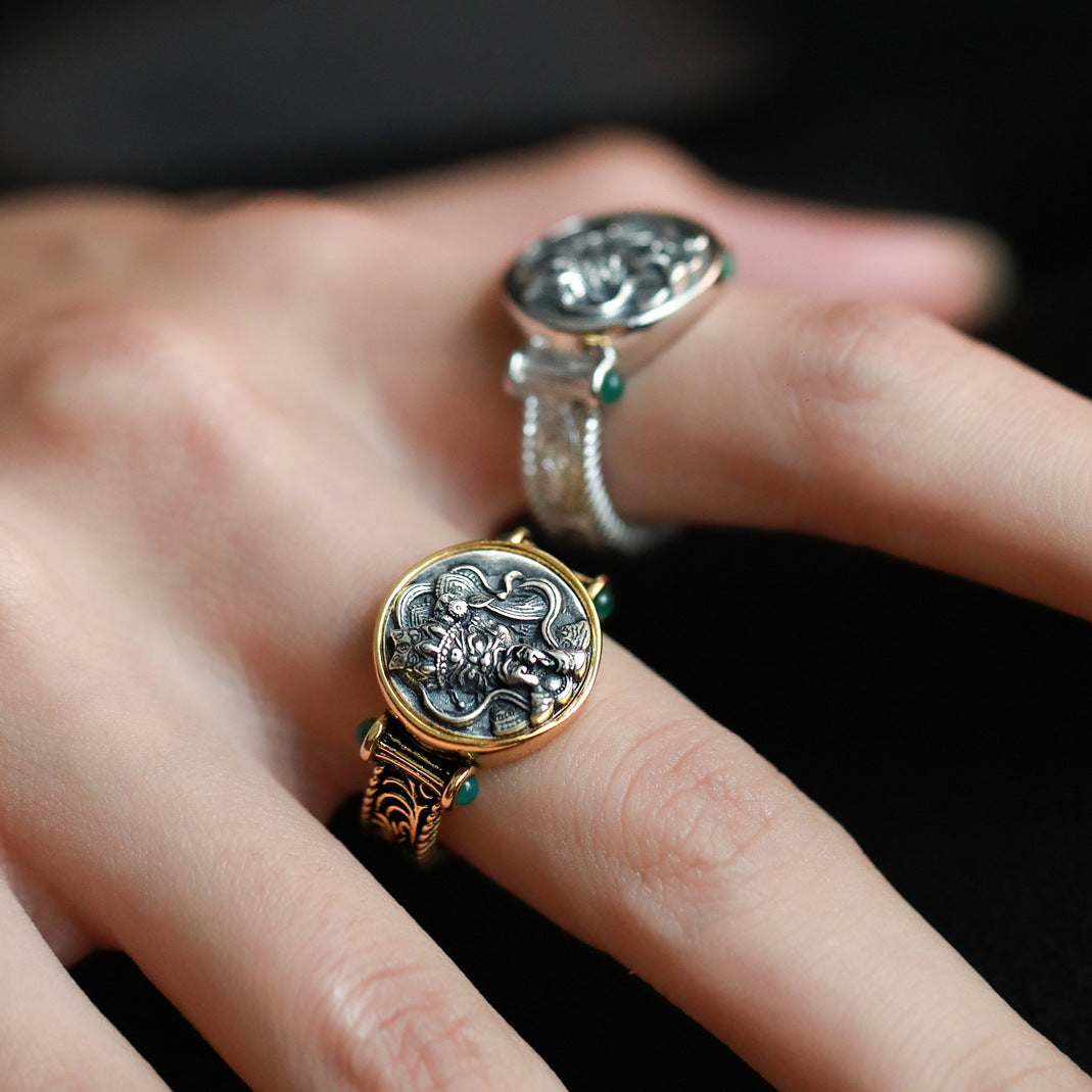 Grass Pattern Ring For Women Open Mouth Geometric Jewelry In Gold And Silver Copper Plated Retro Chinese Style