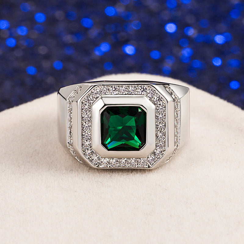 Mens Emerald Green Geometric Ring Copper White Gold Plated Diamond Accent Antique Style Dressy Ring Mens Style