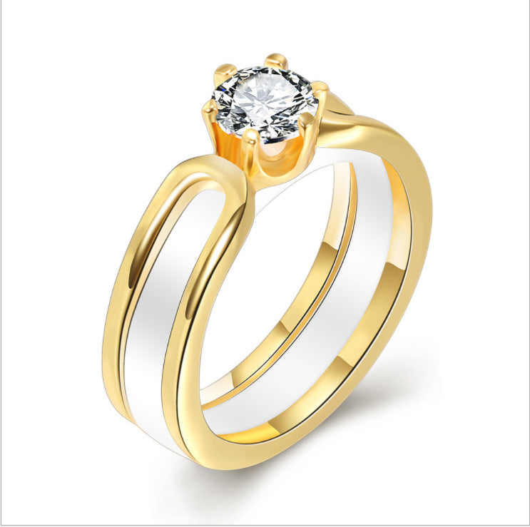 Womens Ceramic Ring Set Geometric Rings Set Gold Plated Inlaid Gemstones Semi Precious Stones Black Split Ring