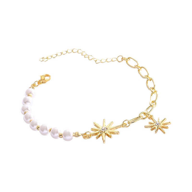 Womens Pearl Bracelet Eight Pointed Star Design And White Gold Inlaid Gems Bracelet Special Occasions Star Pearl