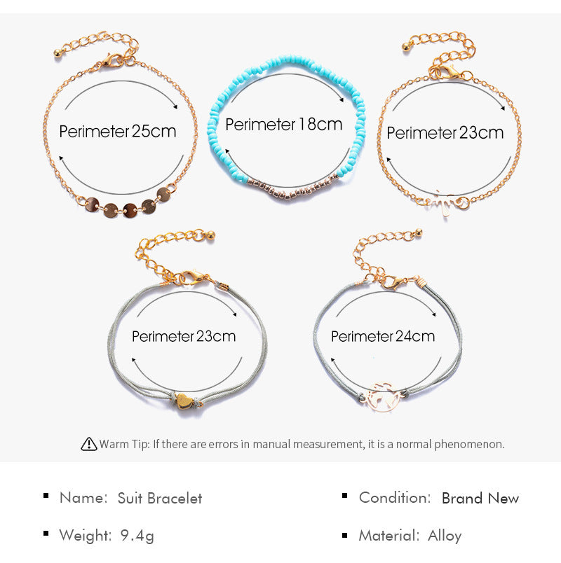 Womens Beaded Geometric Alloy Bracelet Set Five Piece With Electroplated Gold Finish And Coconut Tree Charm Pendant