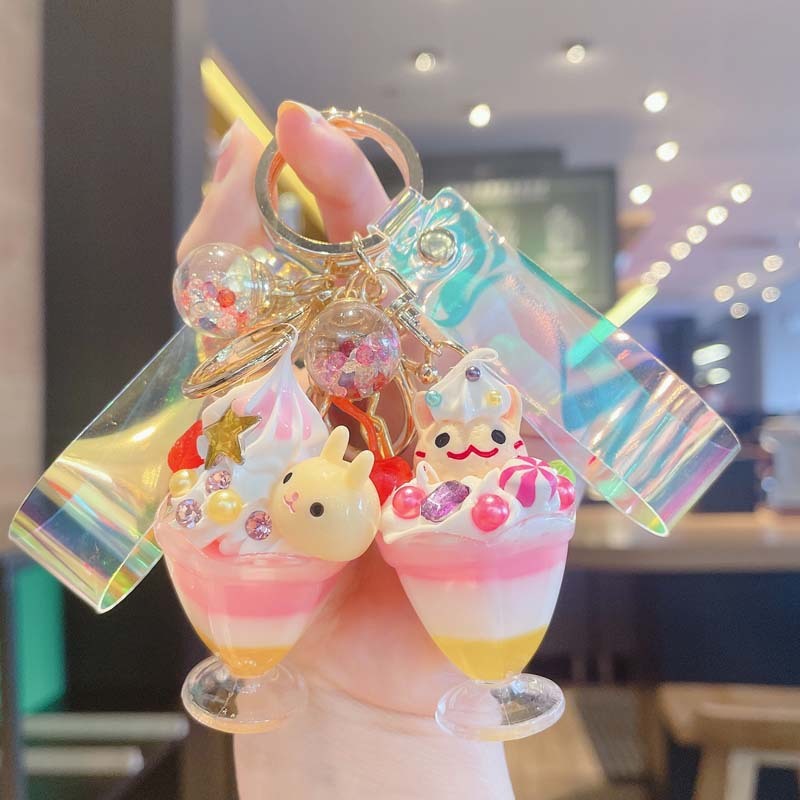 Animal Ice Cream Keychain Resin Doll Shaped Key Chain Metal Accessories Novelty Gift White Rabbit Cat Pendants