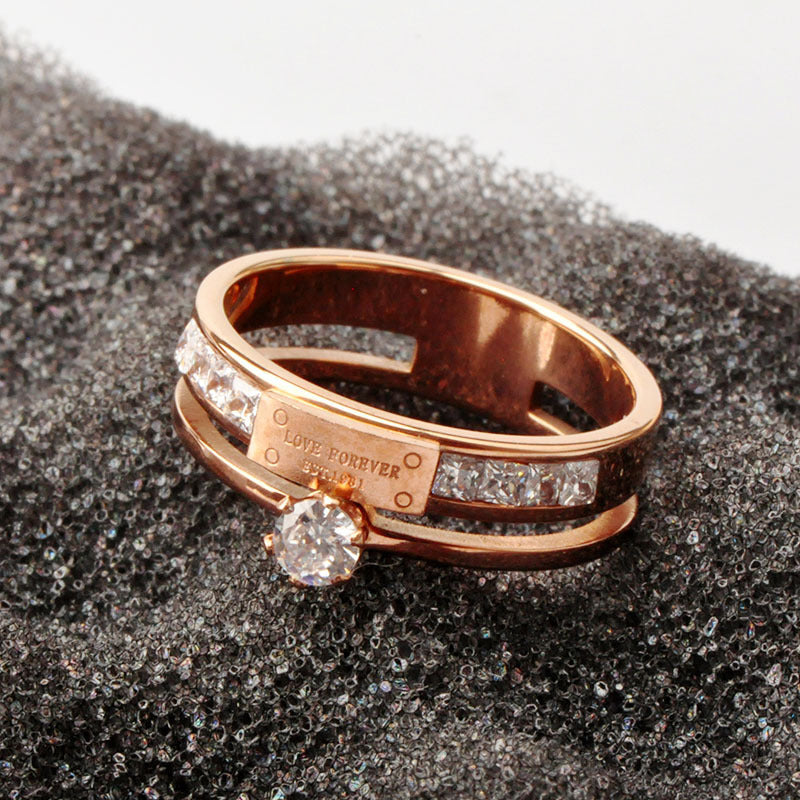 Retro Double Diamond Ring for Index Finger Rose Gold Titanium Steel Drop Shape Women Jewelry Korean Style Ring