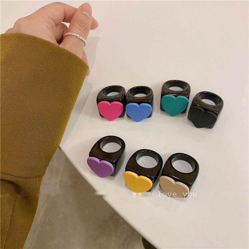 Womens Heart Resin Ring Cute Candy Color Ring Korean Fashion Plastic Love Ring For Women Cute Resin Heart Ring