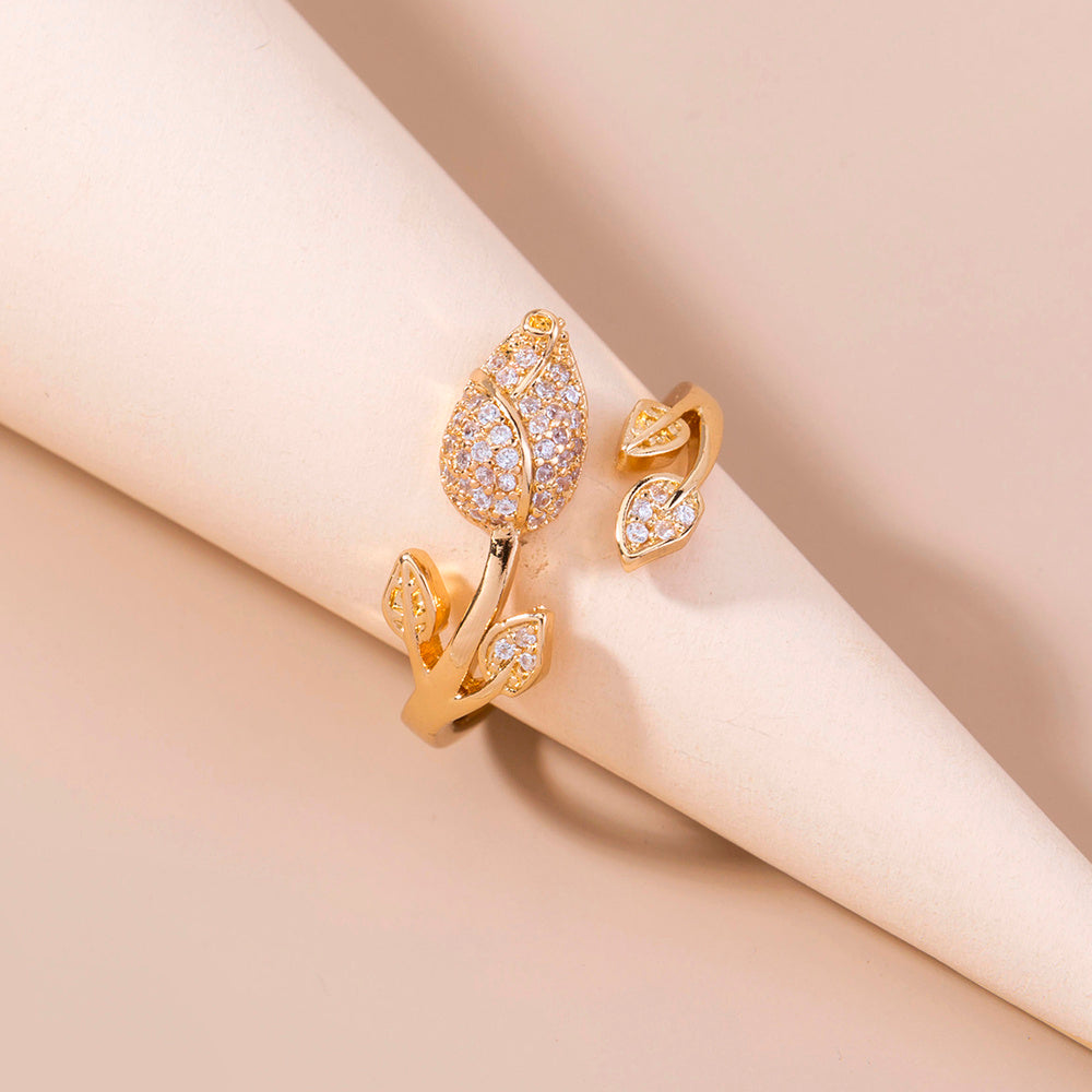 Womens Romantic Rose Ring With Zircon MicroInlaid Flower Design Adjustable Copper Electroplated Ring European