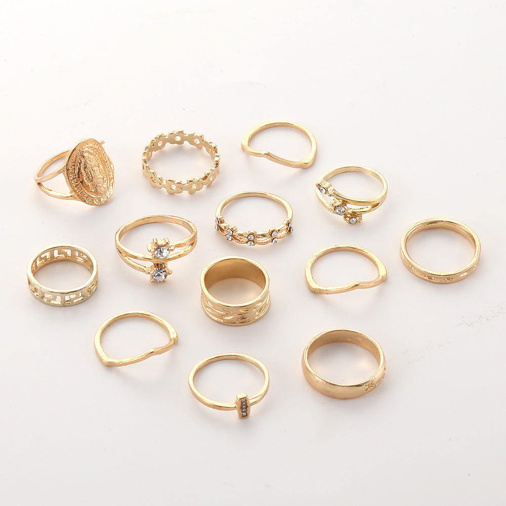 Womens Bohemian Rings Set Vintage Crystal Geometric Flower Leaf Rings Alloy Electroplated Jewelry Set Of 13 Pieces