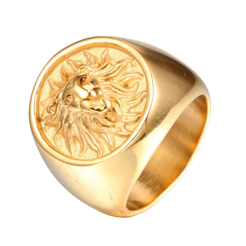 Mens Lion Head Ring Titanium Steel Geometric Handmade European American Travel Souvenir Gold Black Gift Bold Design