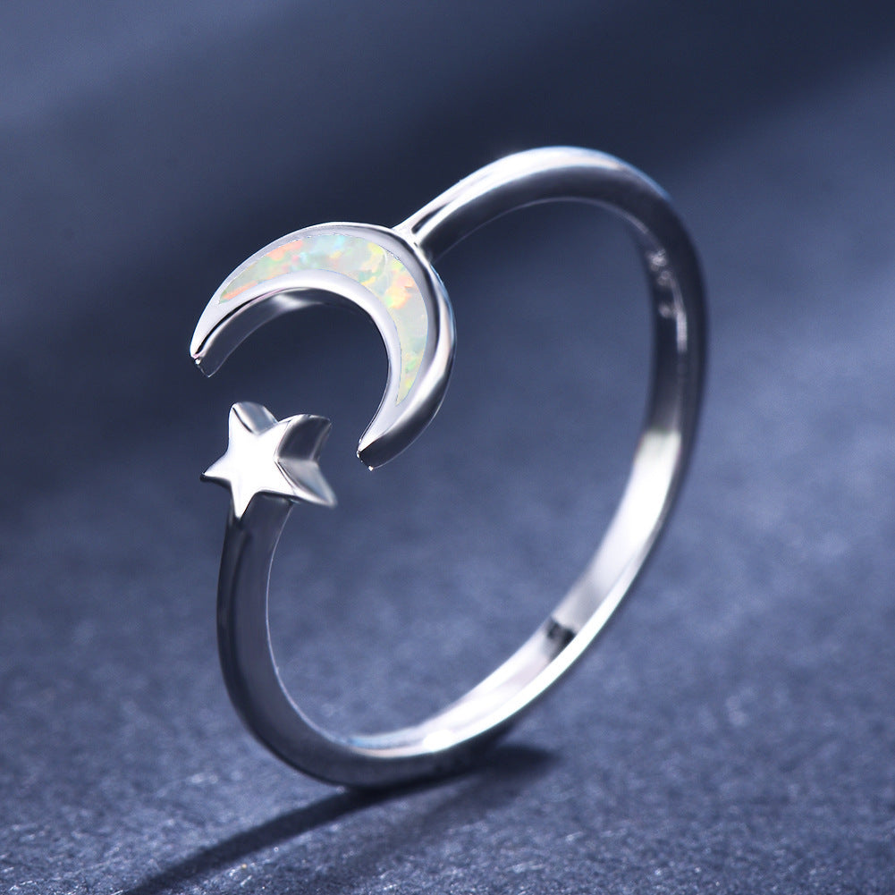 Moon And Star Ring Gold Plated Copper Celestial Jewellery Opal European American Design Elegant Gift For Women