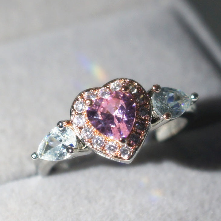 Women's Pink Peach Heart Ring Zircon Inlaid Rose Gold Plated Jewelry Lux Dainty Fashion Accessory Gift For Her