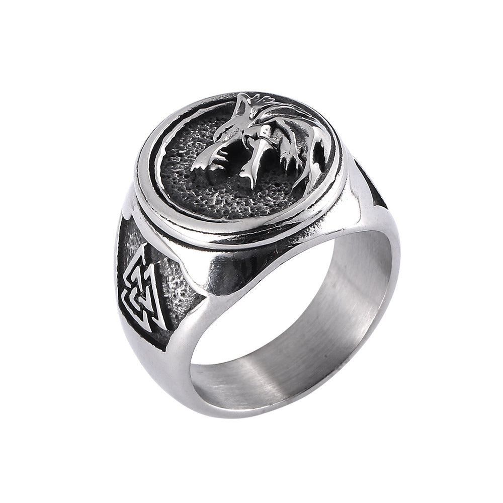 Mens Vintage Wolf Totem Ring Titanium Steel Wide Band Animal Head Fashion Jewelry Durable Statement Ring Style
