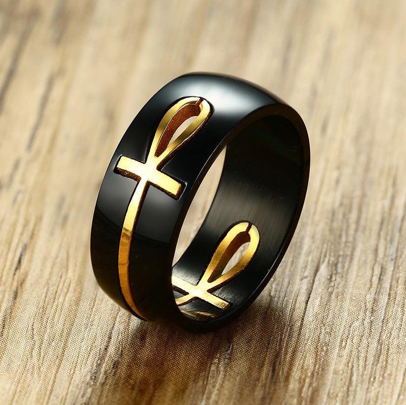 Men Ankh Egyptian Cross Ring Stainless Steel Black Gold Finish Key Of Life Personalized Jewellery For Weddings