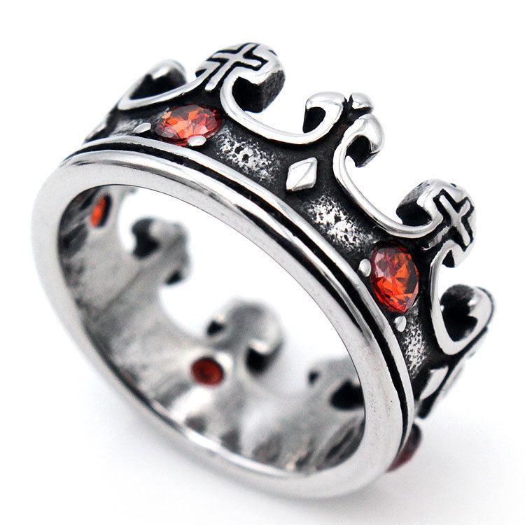Mens Vintage Titanium Steel Ring 10mm Wide Band Crown Red Diamond Detail Durable Fashion Jewelry Gift Worth It