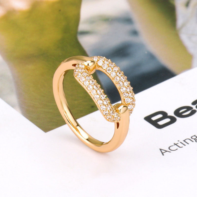 Geometric Lock Ring Crystal Inlaid Zircon Embellished Coppery Gold Plated Elegant Daily Wear Statement Jewelry