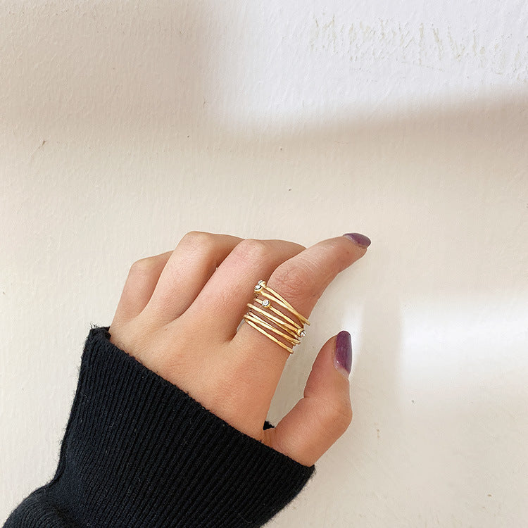 Retro Hipster Zircon Pearl Ring Vintage Geometric Metal Band Electroplated Jewelry Accessory For Everyday Wear