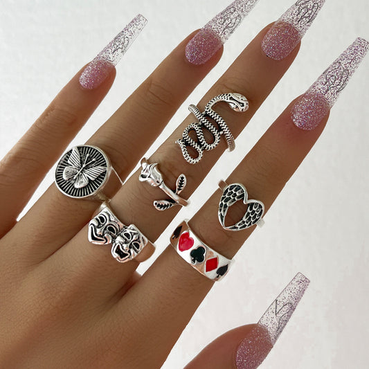 Heart Ring Set For Women Alloy Jewelry Dripping Glaze Design 6 Piece Set Fashion Rings Retro Trendy Design Set