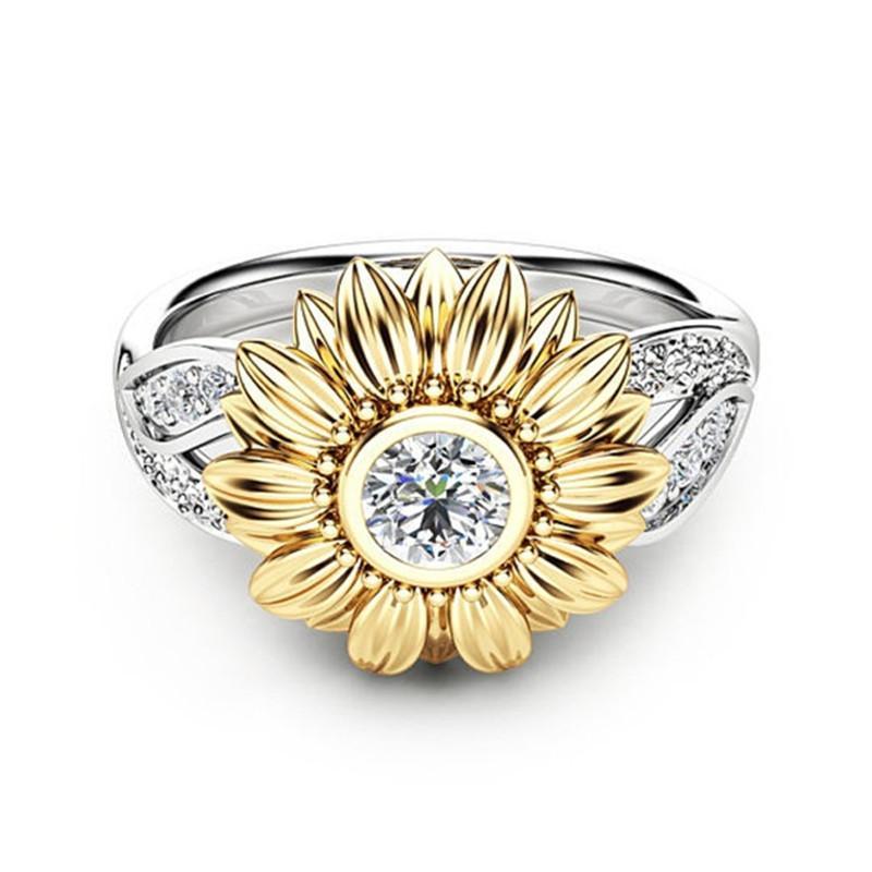 Gold Plated Couple Ring Sunflower Zircon Crystal 15mm Tension Setting Elegant Gift For Couples Delicate Detail
