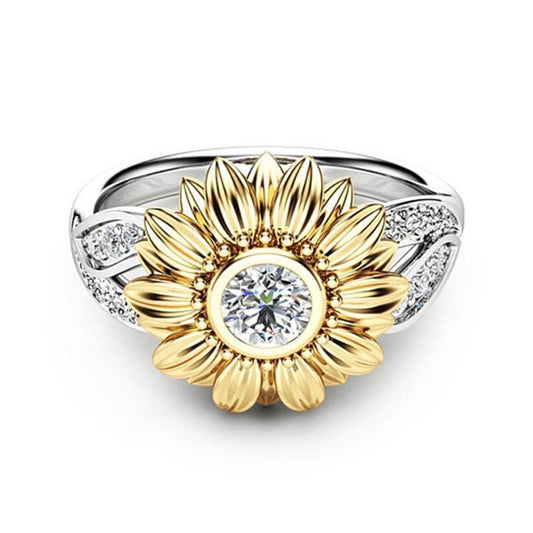 Gold Plated Couple Ring Sunflower Zircon Crystal 15mm Tension Setting Elegant Gift For Couples Delicate Detail