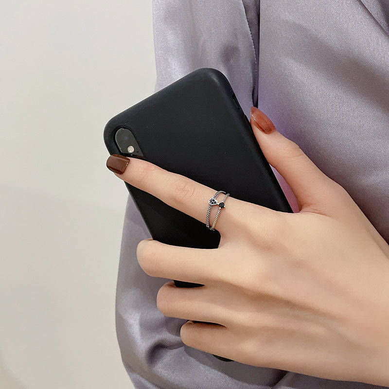 Womens Sterling Silver Ring Adjustable 925 Vintage Distressed Finish with Black Stone Open End Design Day Wear