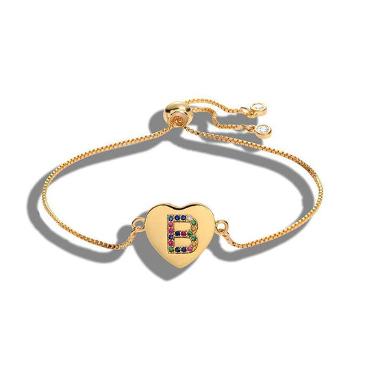 Letter Initial Peach Heart Charm Bracelet Adjustable Chain Pendant Personalize Jewelry Gift Fashionable Trendy