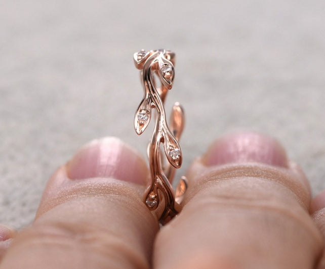Copper Plated Rose Gold Zircon Ring With Vine Leaf Design